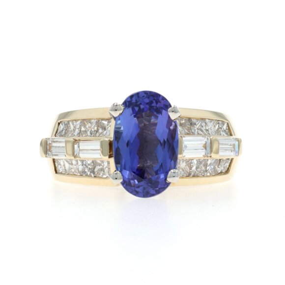 Yellow Gold Tanzanite Diamond Ring - 14k Oval 4.18ctw - Picture 1 of 6
